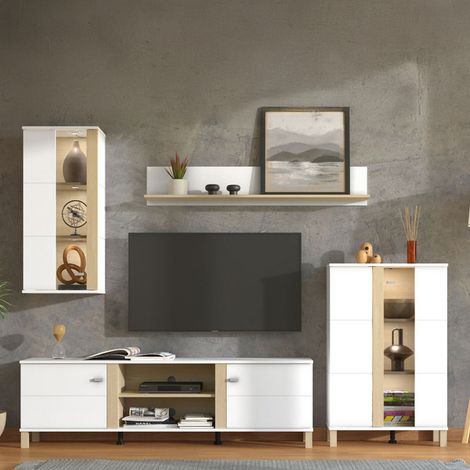 Albese Wohnwand, Modular Wohnzimmermöbel, 7 Ablagen, 10 Fächer, 260x40x183 cm, Weiß Matt (1/5)