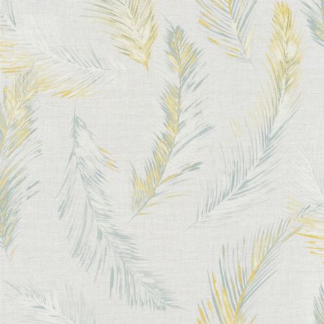 Papier peint vintage à motif plumes gris et jaune Tapisserie grise et or à motif pour salon Papier peint plumes intissé idéal chambre (1/4)