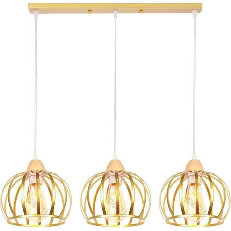 Lustre Industriel Moderne Suspension Luminaire Vintage Ajustable Design Cage Plafonnier en Bois Métal pour Salon Chambre