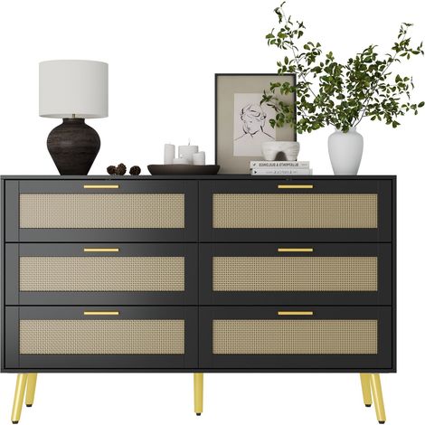 Kommode mit 6 Schubladen, Schwarz, MDF, 120×34×74,5 cm (1/5)