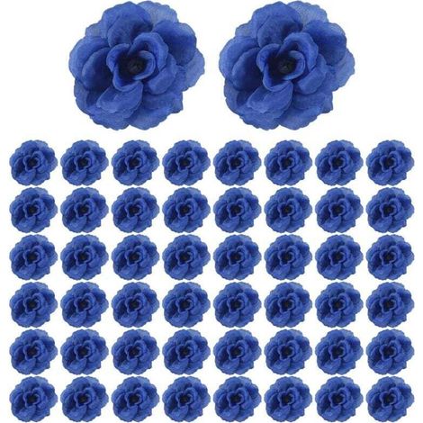 Fleurs Artificielles en Soie Rose TêTes de Fleurs, 50 PièCes pour la DéCoration D'Album VêTements Chapeau, Mariage (Bleu Foncé)
