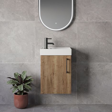 Napoli Cube Tobacco Oak 400mm Wall Mounted Single Door Vanity Unit with Align Basin - 400mm - Gunmetal Grey 160mm Handle