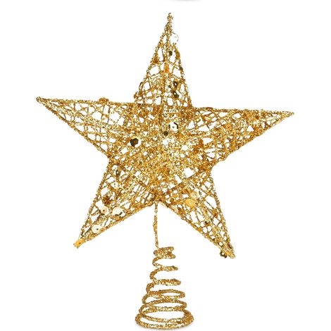 Ej.Life Baumspitze aus Eisen, fünfzackiger Stern, glitzernd, dreidimensionaler fünfzackiger Stern, Weihnachtsdekorationszubehör, 25 cm [Gold] (1/5)