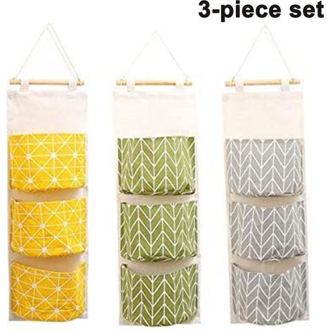 Lot de 3 sacs de rangement muraux en lin, à suspendre à la porte, avec 3 poches, pour chambre et salle de bain - Imperméables et élégants (1/4)