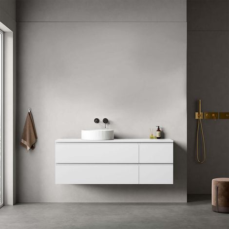 Mobile bagno sospeso reversibile 140 cm Bianco Opaco per Lavabo d'appoggio Senza Specchio - Fiji Paint Top (1/4)