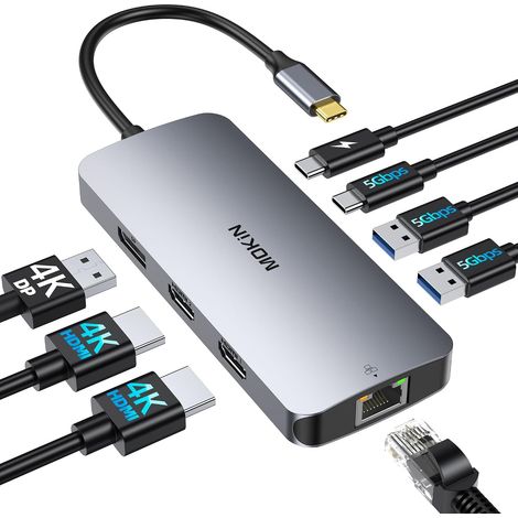 Station d'accueil USB C Dual HDMI, 8 en 1 Docking Station pour 3 Moniteurs 4K, Dock USB C avec 2 HDMI et 1 DisplayPort, 1 Gbps Ethernet, Chargement 100W PD, 3 USB 3.0 Ports pour Dell, HP, Lenovo (1/5)