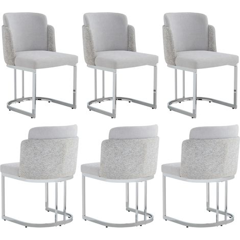 6 sillas de comedor tapizadas en chenilla gris claro con patas metálicas plateadas (1/5)
