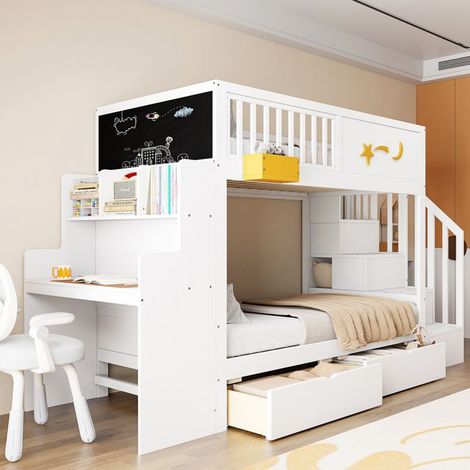 Lit superposé enfant - motif étoile - 90 x 200 cm - pin massif - tiroirs & bureau intégré (1/5)