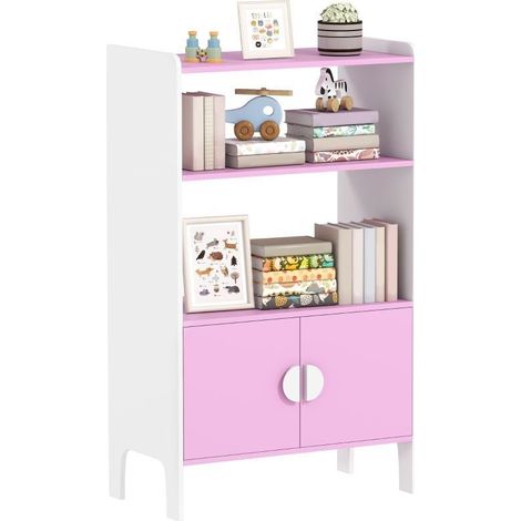 Étagère à livres pour enfants, 2 étagères et 2 placards autoportants, anti-basculement, pieds antidérapants, MDF, rose et blanc (1/5)