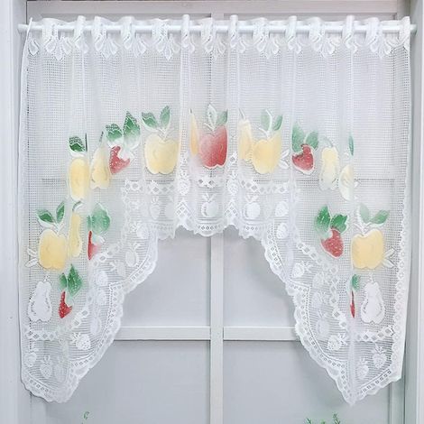 JSSEVN - White lace woven curtain, embroidered fruit design, children's room, living room, bar, pocket, privacy, sheer short curtain, 1 piece, W140 x L90 cm (1/5)