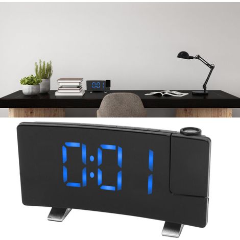 Radiowecker mit Projektions-LED-Display (gebogen), digitale Uhr, schwarzes Gehäuse, blaue Schrift  Wecker mit digitalem LED-Display (blau)