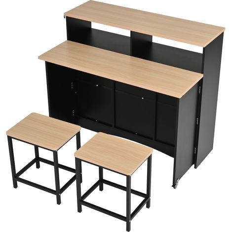 Îlot de cuisine sur roulettes, îlot de cuisine avec espace repas extensible et chaises, buffet avec grand espace de rangement, idéal pour la cuisine et la salle à manger comme buffet (Noir) (1/5)