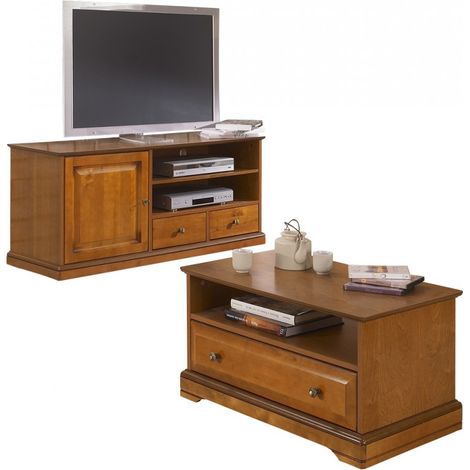 Meuble TV et Table Basse Plaqués Merisier (1/2)