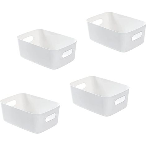 Lot de 4 paniers de rangement blancs en plastique, paniers de rangement en plastique avec poignée pour placards empilables, cuisine, chambre, salle de bain, bureau. (1/5)