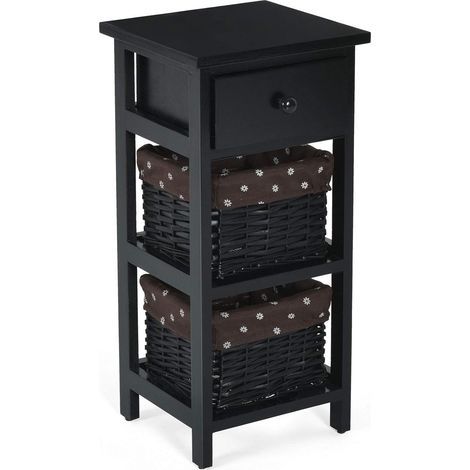 COSTWAY Table de Chevet, Table de Nuit en Bois de Paulownia avec 1 Tiroir et 2 Panier d'Osier Noir (1/5)