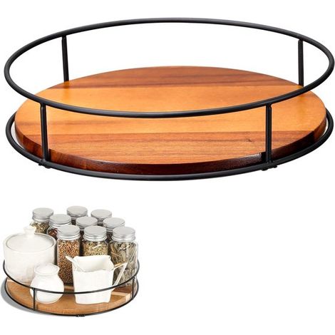 Étagère de rangement rotative – Ustensiles de cuisine – Étagère à épices ronde – Convient pour les plans de travail, les placards, la cuisine et la salle de bain – Fabriquée en fer forgé et bois massi (1/5)