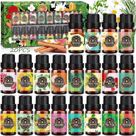 Ensemble D'huiles Essentielles, Huiles Essentielles 20 x 10 ml, Huiles Essentielles Aromathérapie 100% Pures pour Diffuseur, Massage, Soins Peau & Cheveux - Lavande, Rose, Jasmin, Romarin (1/5)