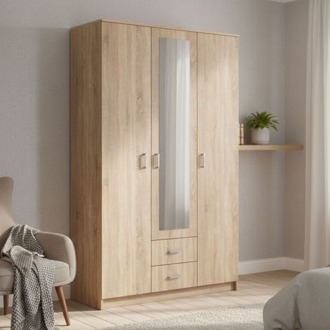 Armario 3 Puertas Crati, Dormitorio con Perchero, 2 Cajones, 4 Estantes, 120x52 cm Roble Marrón (1/5)