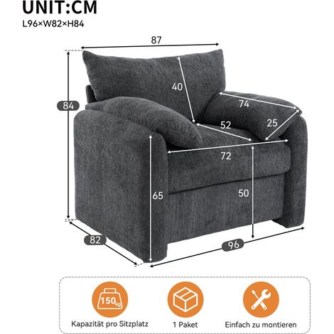 Fauteuil relax confortable avec coussins et larges accoudoirs, chaise ergonomique pour salon, chambre ou balcon (gris) (1/5)