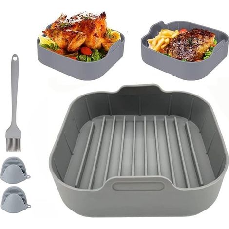 Accessoires Airfryer - Plat de cuisson en Siliconen - Friteuse à air chaud - Moules à pâtisserie - Alternatief au papier sulfurisé - Moule à panier - 20 cm - avec Mitaines et pinceau à huile - gris - (1/5)