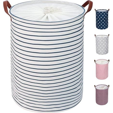Ecleanfy - panier linge pliable 18 pouces. Cordon serrage, grande capacité. Parfait rangement vêtements. Bleu rayé. (1/5)