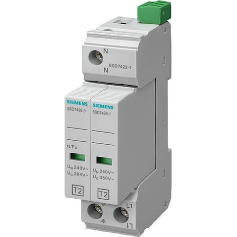 Scaricatore di sovratensione tipo T2 1P+N Uc 350V larghezza 24mm 20kA TN-S con contatti di segnale sentron 5SD7422-1