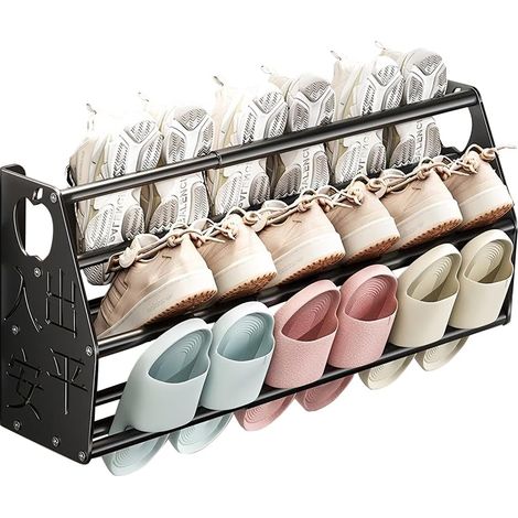 Étagère à chaussures murale réglable, sans perçage, étagère de rangement de chaussures murale en métal pour mur, entrée, salle de bain (noir) (1/5)