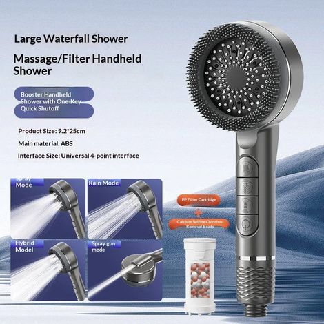 Pommeau de douche multifonction à 4 modes de pression réglable avec jet large et massage, accessoire de salle de bain (gris) (1/5)