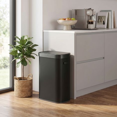 Poubelle de Cuisine avec Capteur de Mouvement, Couvercle à Fermeture douce, Acier, avec 15 Sacs Poubelles, Noire (1/5)