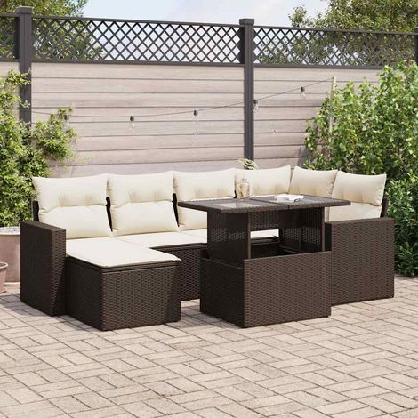 Ensemble canapé de jardin 7 pièces résine tressée marron avec table et rangement intégré (1/5)