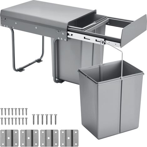 Poubelle coulissante double 20L pour placard de cuisine, système d'extension métallique robuste avec poignée, recyclage sous évier. (1/5)