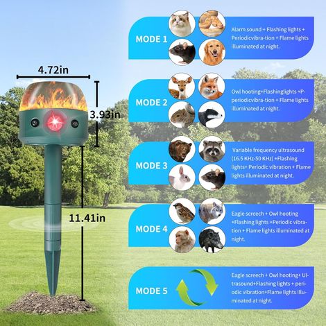 Dissuasore solare a ultrasuoni per animali, 5 modalità, per esterni, anti-gatti, anti-scoiattoli, rilevatore di movimento, effetto fiamma, motore a vibrazione, dissuasore per cervi - ALTRO (1/3)