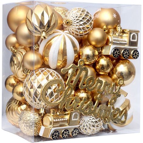 Boules dorées pour décorations de Noël – 65 pièces de décorations de Noël incassables avec anneaux de suspension – Décorations de Noël et de fête (1/4)