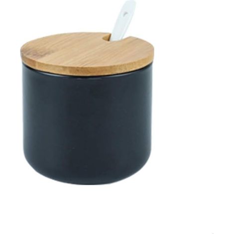 1 - Pot à épices - Sucrier en céramique - Couvercle en bambou - Stockage sel sucre thé - Cuisine maison - Naturel - 8x8cm