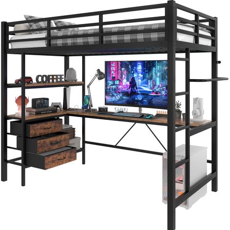Lit mezzanine 90x200 cm avec bureau, LED d’ambiance télécommande, prise USB, 3 tiroirs, étagères, échelle, métal et MDF, noir - CHICFURN (1/5)