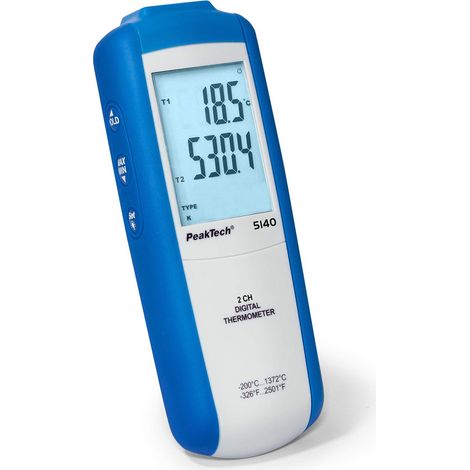 PeakTech P 5140 - Termometro digitale 2 CH, -200...+1372°C, retroilluminazione, 3 1/2 cifre, display 3x, sensore di temperatura universale P TF-55 (1/5)
