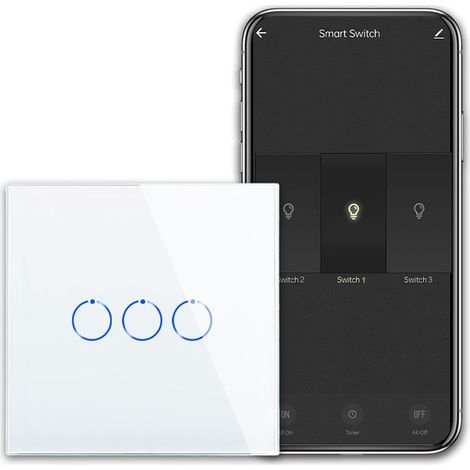 Interrupteur tactile intelligent - Interrupteur Wi-Fi encastré - Avec panneau en verre - Interrupteur mural triple en blanc - Conducteur neutre (1/5)