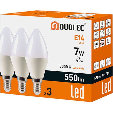 Pack 3 bombillas Led vela DUOLEC E14 luz cálida 7W (1/2)