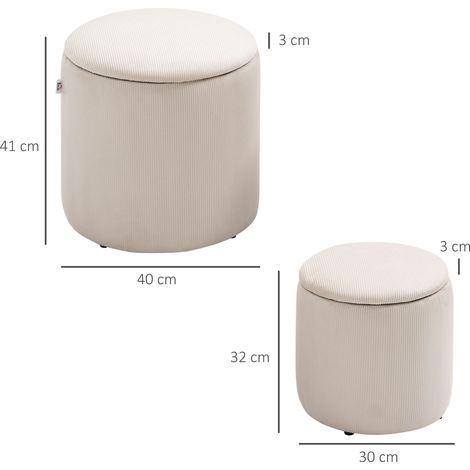 Tabouret ottoman, lot de deux, avec espace de rangement, revêtement souple aspect velours côtelé, blanc crème, 40 x 40 x 41 cm (1/5)