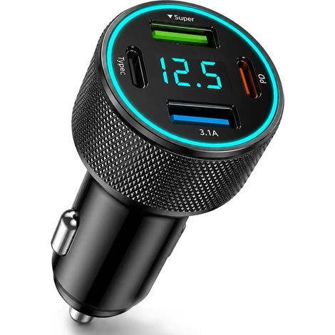 Allume Cigare USB 67,5 W, 4 Ports avec Chargeur Voiture, Compatible USB C PD 30 W et USB A QC 22,5 W, Allume Cigare USB Rapide 12 V 24 V, avec Voltmètre LED, Compatible Phone Samsung Android Type C (1/5)