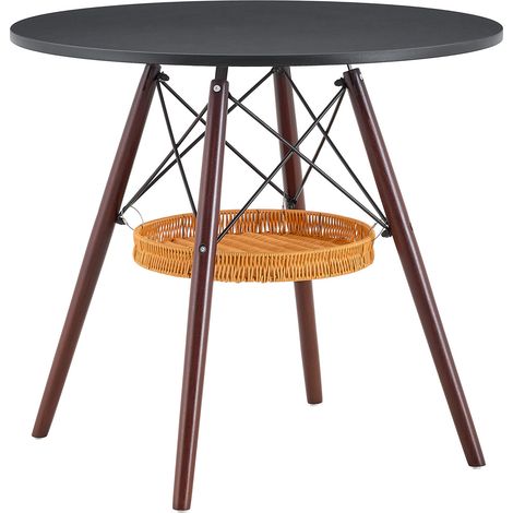 Table à manger ronde 80 cm avec plateau MDF noir, pieds en bois massif noyer et panier suspendu tressé (1/5)