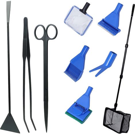 9 en 1 Outils pour Aquarium pour Tailler Les Plantes Aquatiques Nettoyage de l'aquarium Filet à Poissons Râteau à Gravier Fourche à Plantes Grattoir Eponge Pince à épiler Ciseaux Grattoir (1/5)