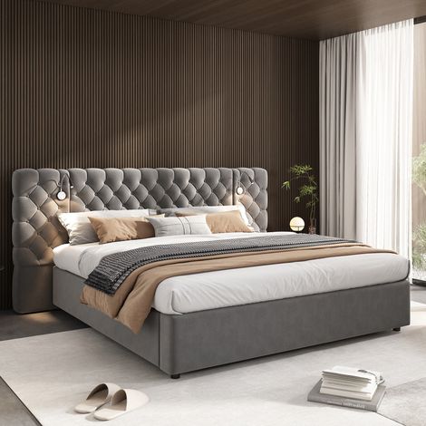 Bett Mit Stauraum 180×200 cm, Doppelbett mit Hydraulischem Bettkasten, Leselampe und LED, ohne Matratze, Samt, Grau (1/5)