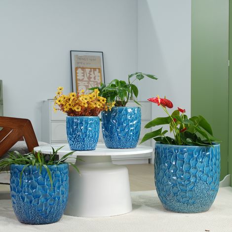 Set di 4 vasi in ceramica fatti a mano (Ø38/30/22,5/18 cm), blu lucido con rilievo martellato rotondo, traspiranti, resistenti al gelo, con fori di drenaggio, ideali per interni, balconi e giardino. (1/5)