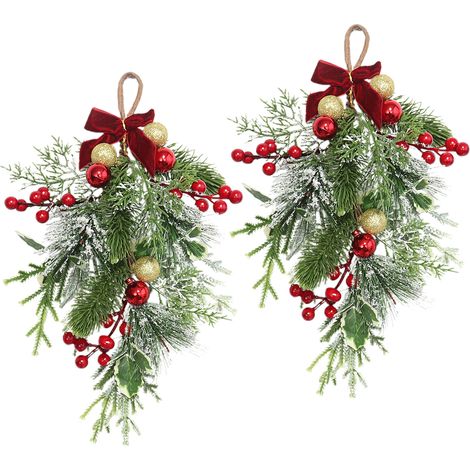 Set aus 2 tropfenförmigen Weihnachtsgirlanden, 38 cm, aus PE, zur Dekoration im Innen- und Außenbereich, insbesondere der Haustür. (1/2)