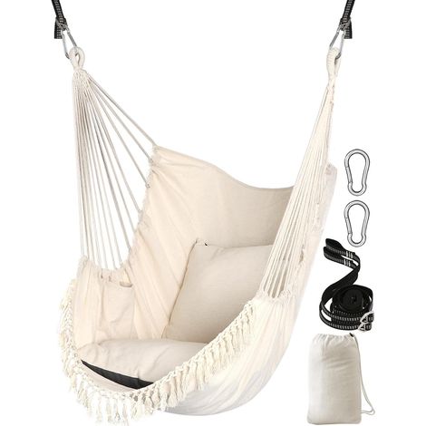 Sièges Suspendus Chaise suspendue Hamac 2 oreillers Inclus,Sangles et crochets solides pour une suspension facile suspendue en coton doux Poche de côté ensemble de chaises à pampilles Confort (1/5)