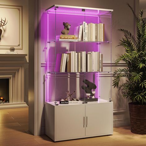 Standvitrine mit LED-Beleuchtung, 4 Türen, Glas und Holz, weiß (1/5)