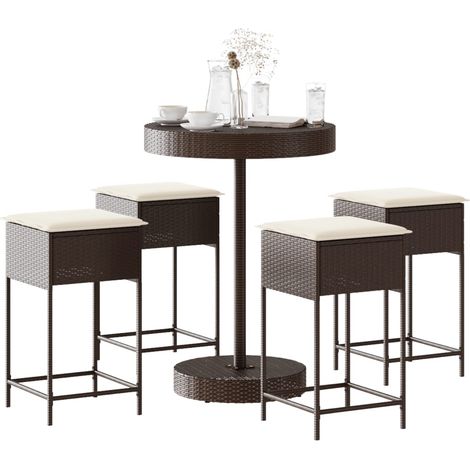 5-tlg. Gartenbar-Set mit Kissen Braun Poly Rattan