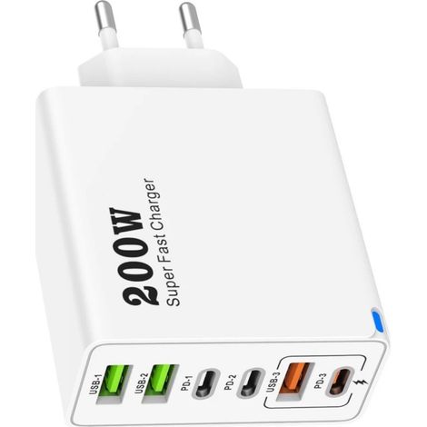 Chargeur multiport 200 W avec 3 ports USB et charge rapide 3PD pour téléphones et ordinateurs portables (blanc) (1/5)