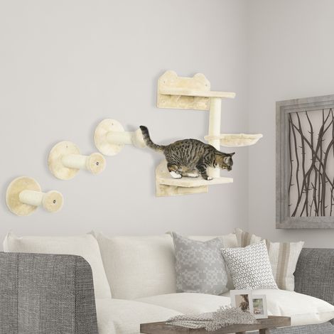 Set di 4 pezzi PawHut con scaletta, parete da arrampicata e scaletta per gatti, completo di tiragraffi e amaca, nei colori beige e bianco crema, dimensioni 40 x 28 x 73 cm.